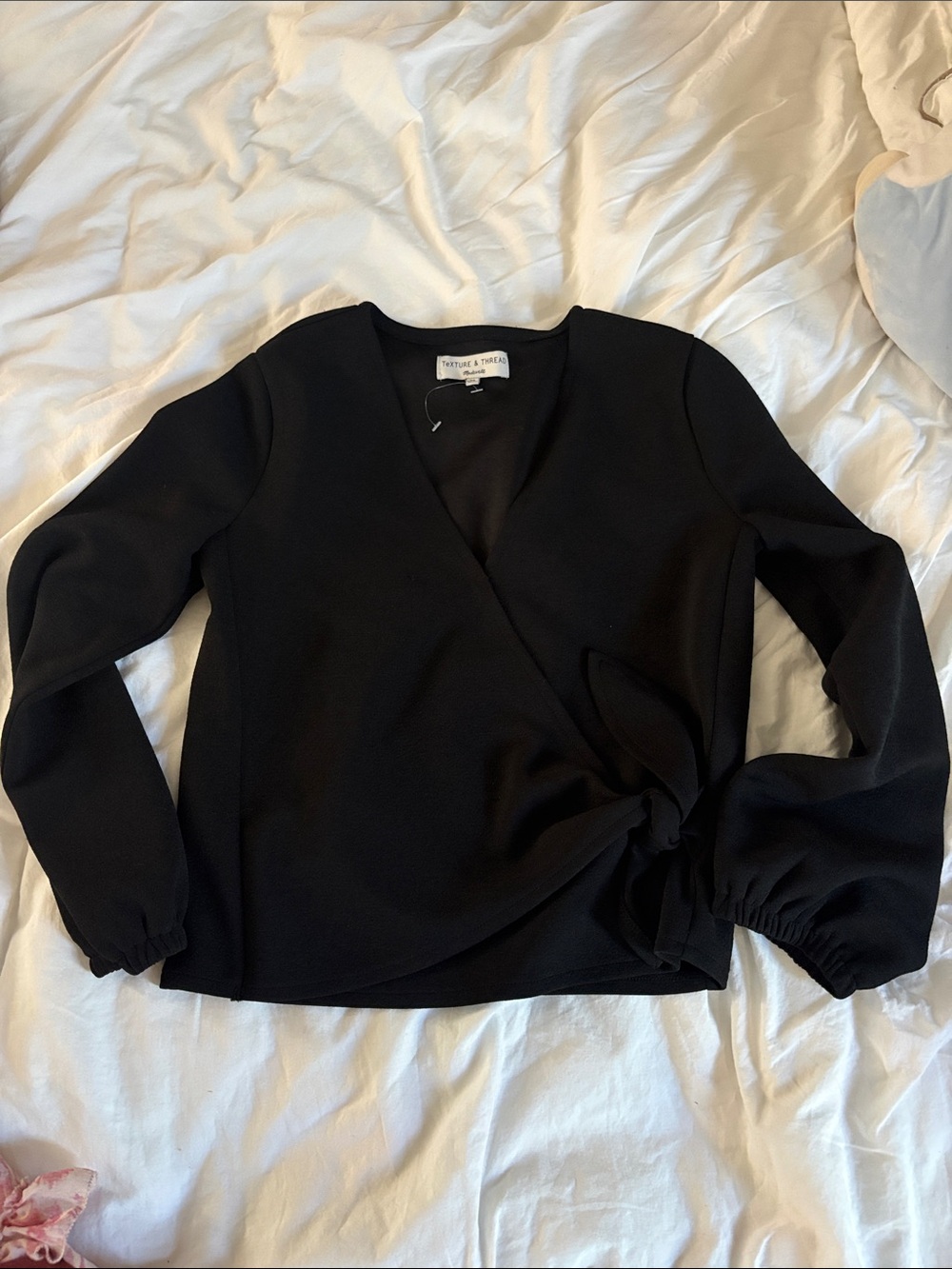 Madewell Black Wrap Tie Blouse with V-Neck